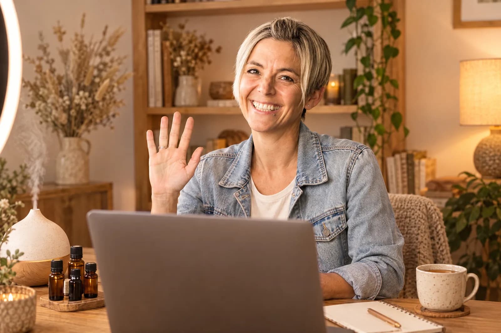 Caroline Amhof winkt in die Kamera ihres Laptops während eines Online-Kurses