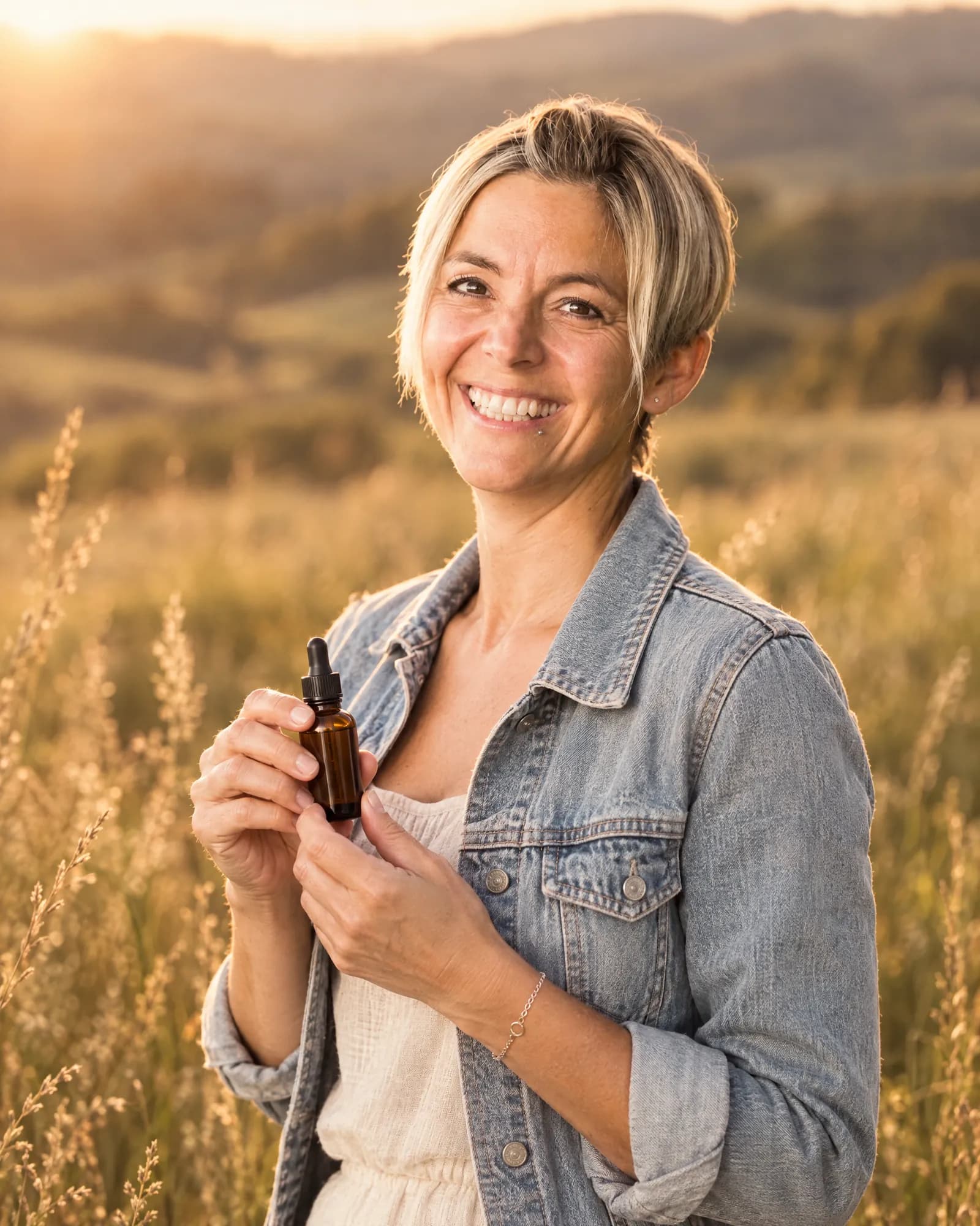 Caroline Amhof in Jeansjacke auf einer Sommerwiese mit einem Ölfläschchen