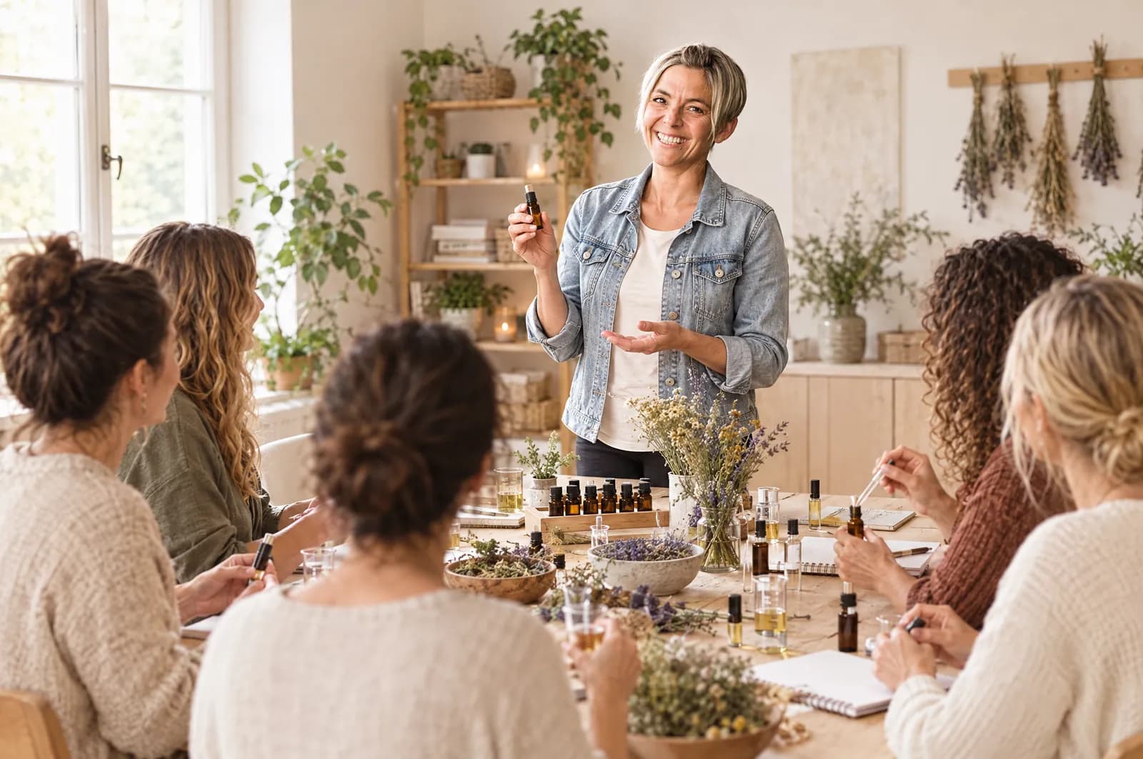 Caroline Amhof leitet einen Aromatherapie-Workshop an einem langen Holztisch