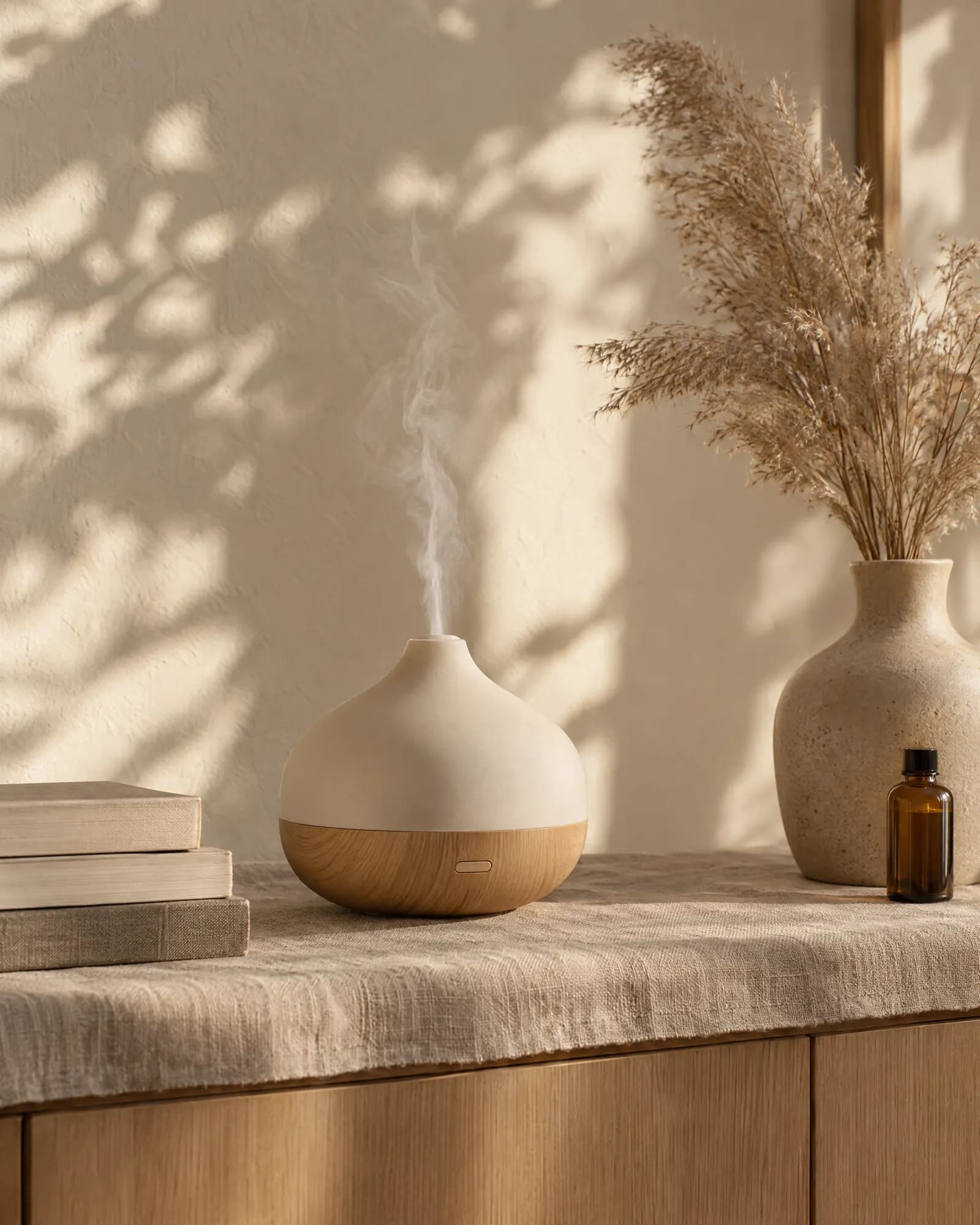 Aroma-Diffuser mit sanftem Nebel neben Pampasgras