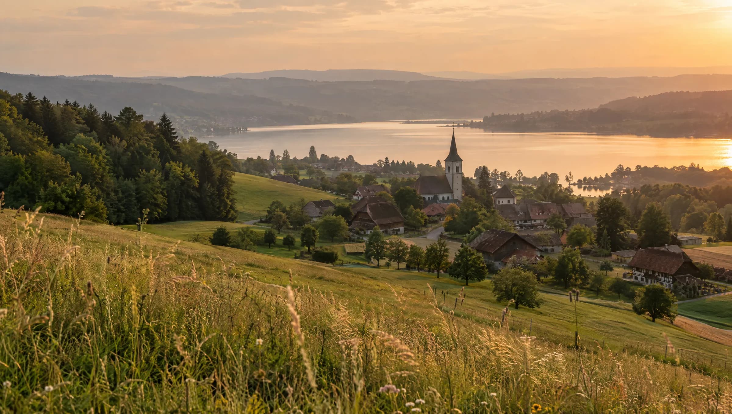 Hügel und Hallwilersee im Seetal bei Abendlicht